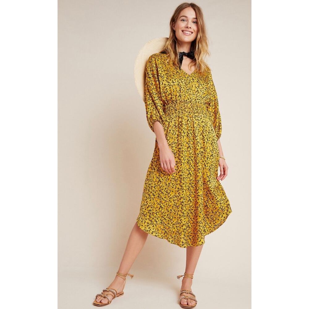 Anthropologie Yellow Printed Midi Dress NWT Size Small Boho Smocked Waist